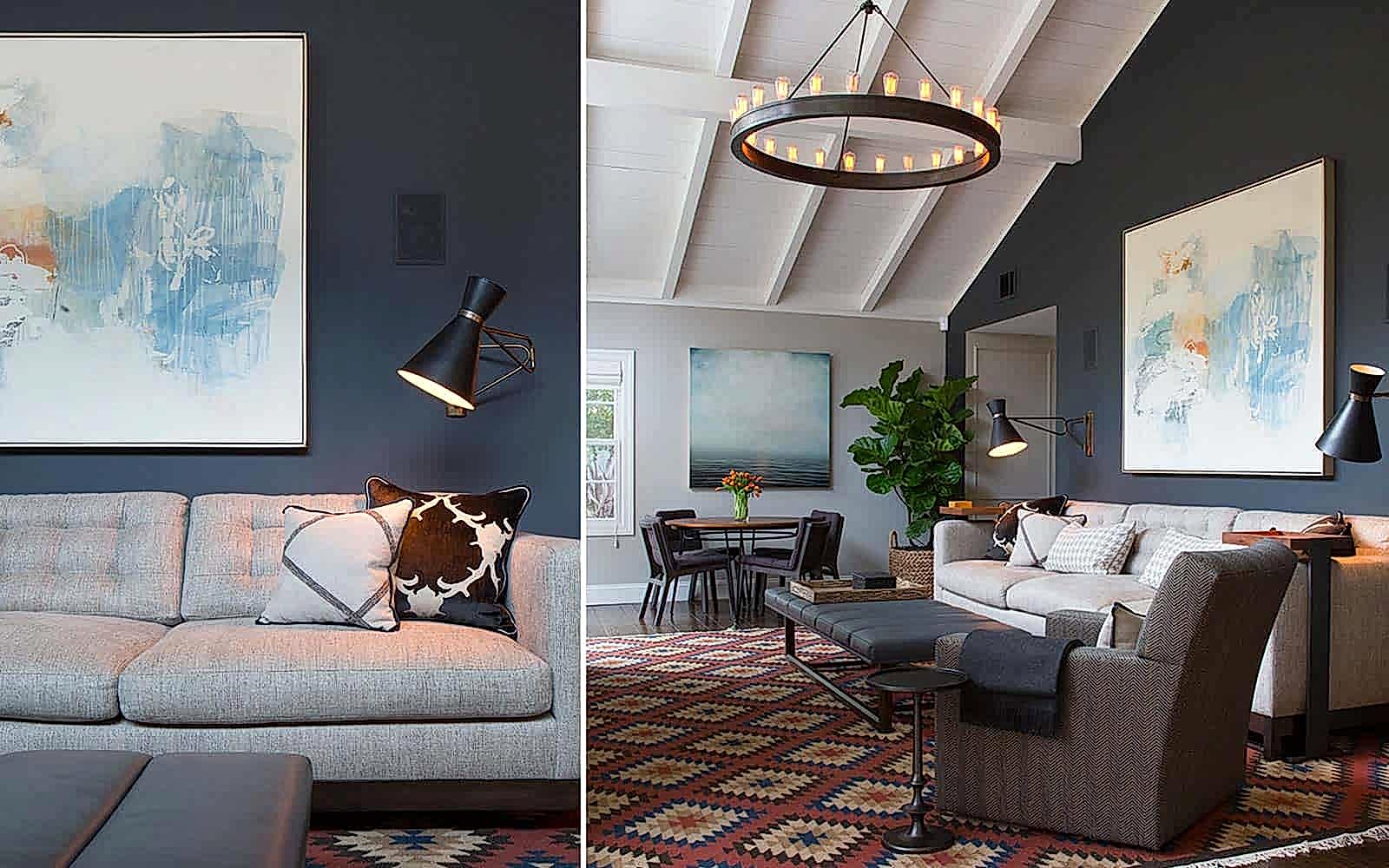 A photo collage showing two views of a living room with a peaked ceiling. 