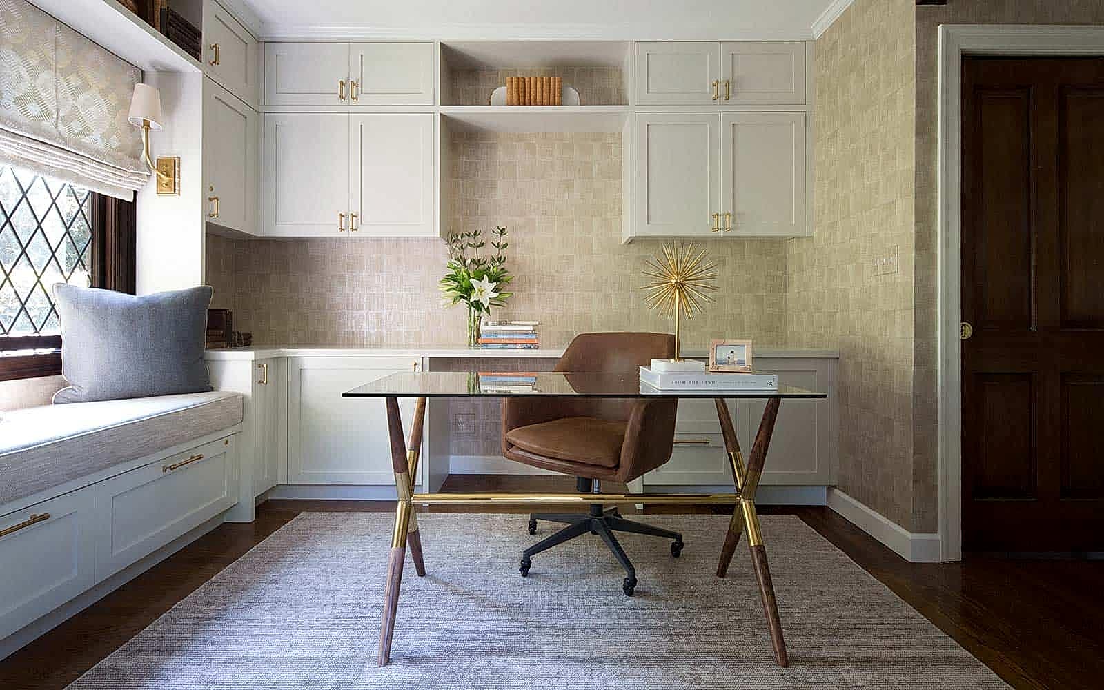 Award-winning interior design of Tudor-style home office, Piedmont interior designer.